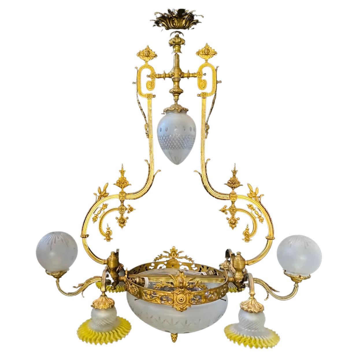 Victorian Brass Chandelier with Glass Shades