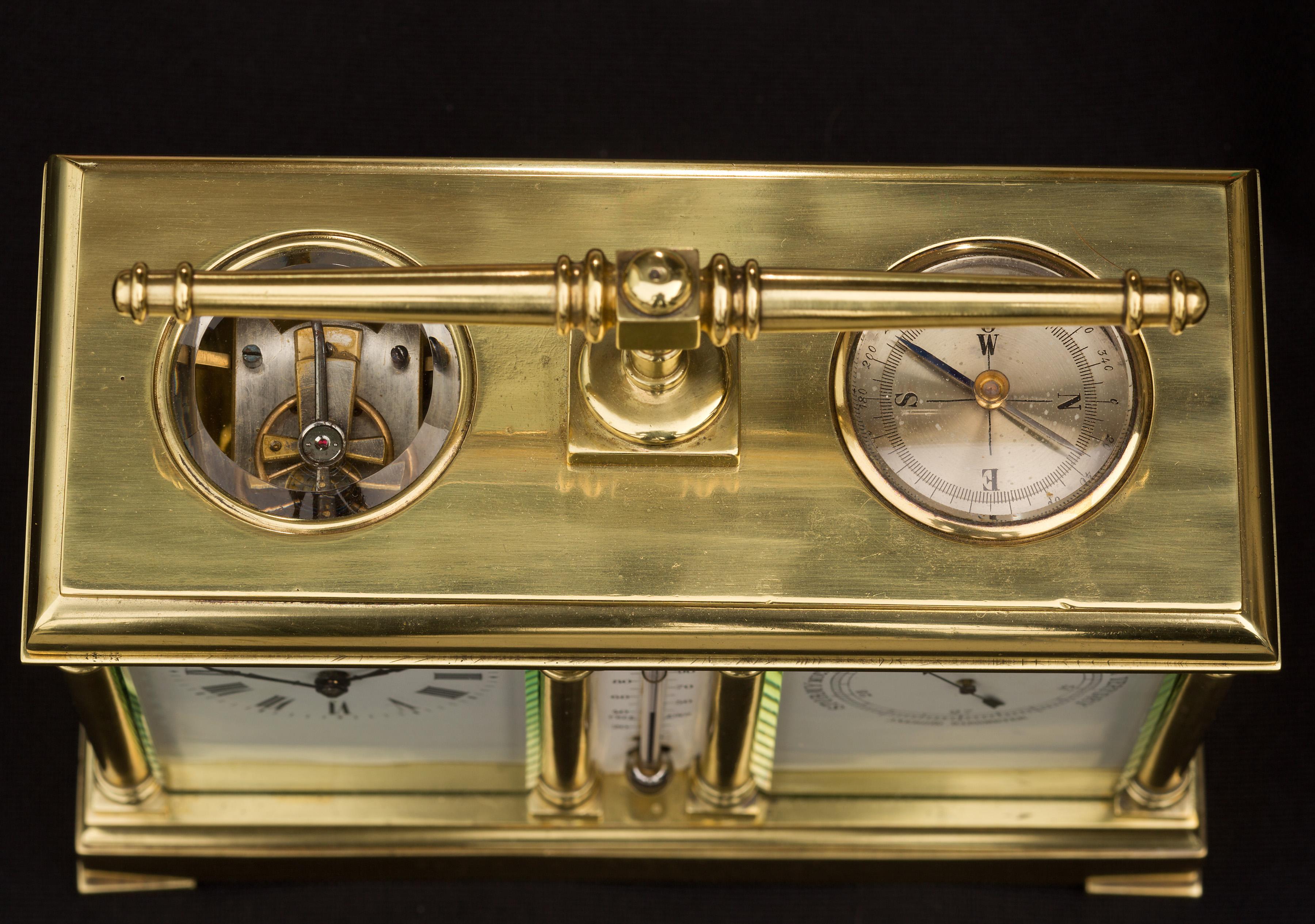 French Victorian Brass Clock and Barometer Set with Thermometer For Sale