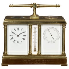 Used Victorian Brass Clock and Barometer Set with Thermometer