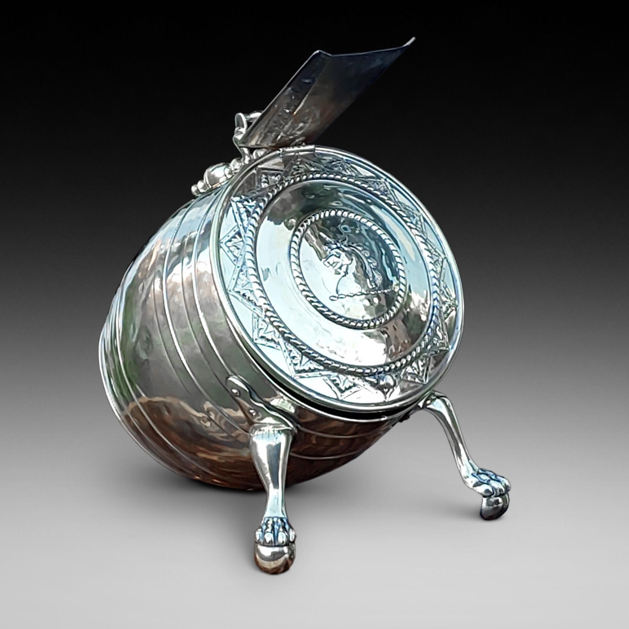 Victorian Brass Coal Bucket Dispenser of Barrel form with Unicorn Embossed Lid, Paw Feet  and associated shovel. 13