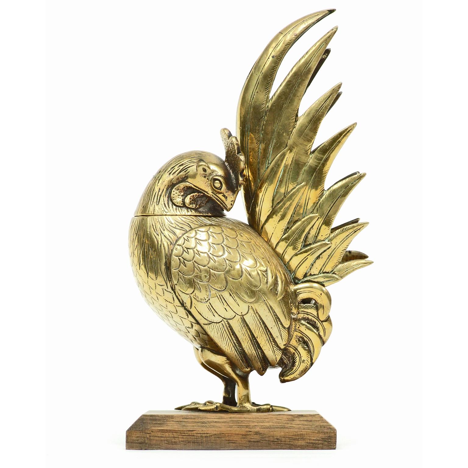 Hollywood Regency Victorian Brass Cockerel Inkwell Bird Sculpture Oak Base