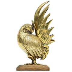 Victorian Brass Cockerel Inkwell Bird Sculpture Oak Base