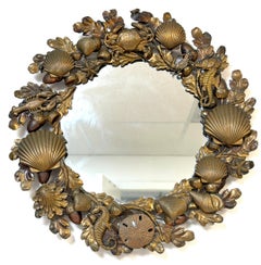 Espejo circular victoriano de latón con coral y vida marina, Inglaterra, Finales S. XIX