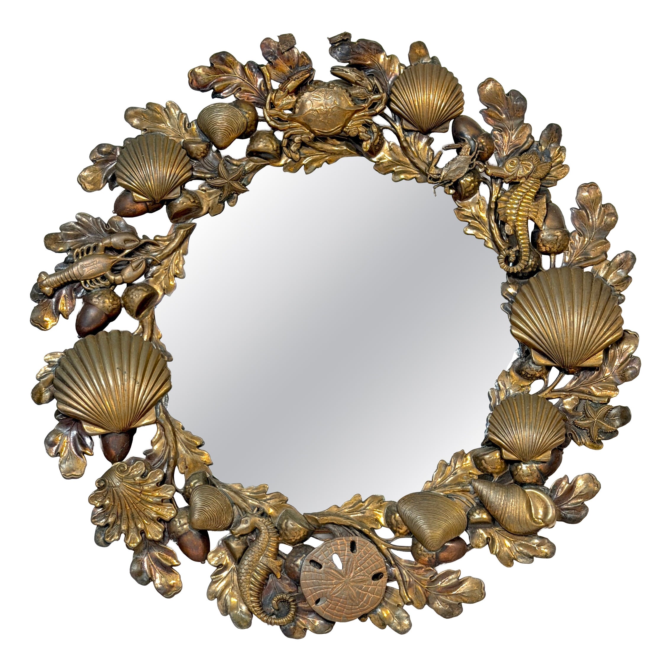 Victorian Brass Coral & Sea Life Circular Mirror, England, Late 19th Century For Sale