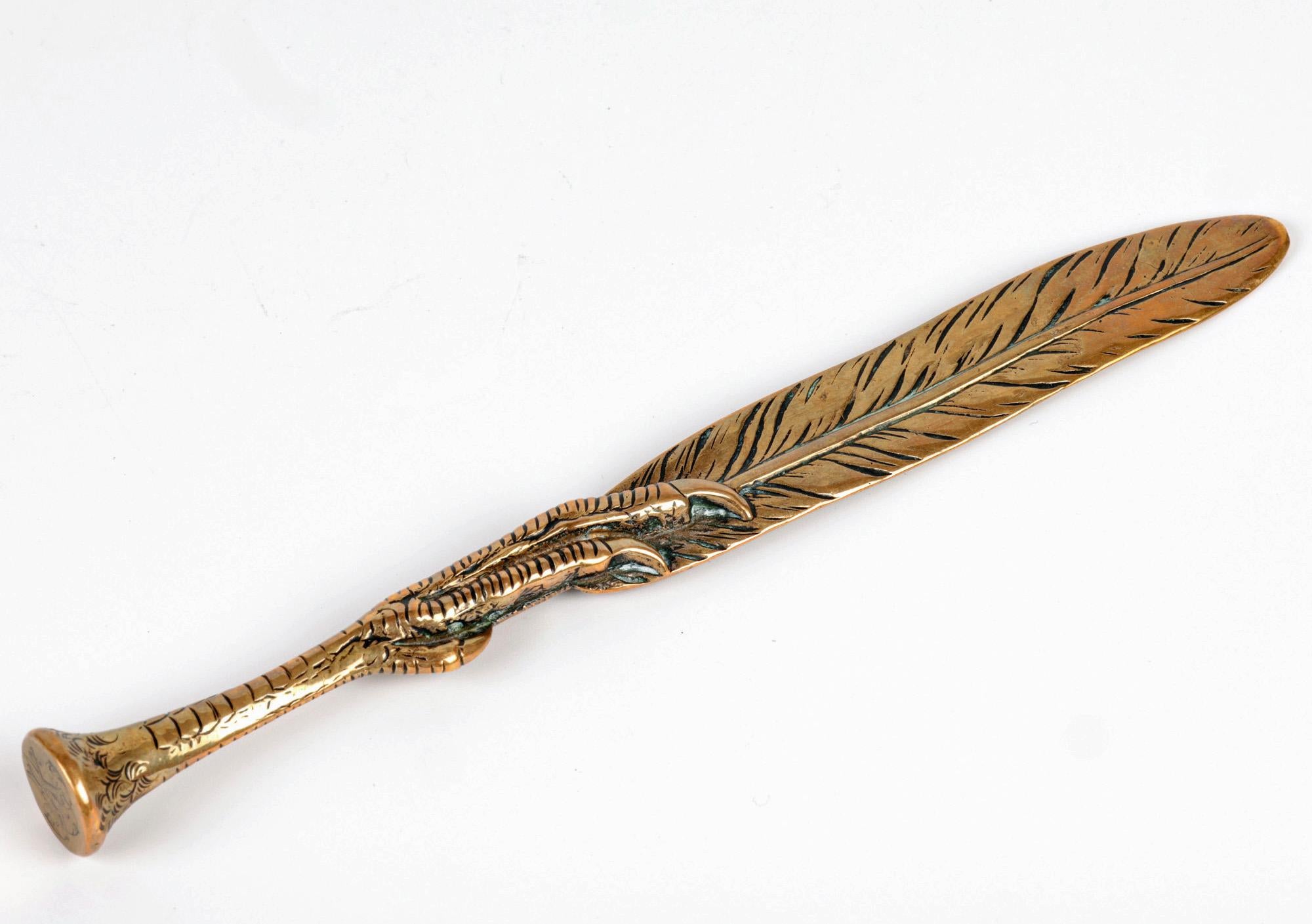 Victorian Brass Feather & Bird Claw Letter Opener & Desk Seal In Good Condition In Bishop's Stortford, Hertfordshire