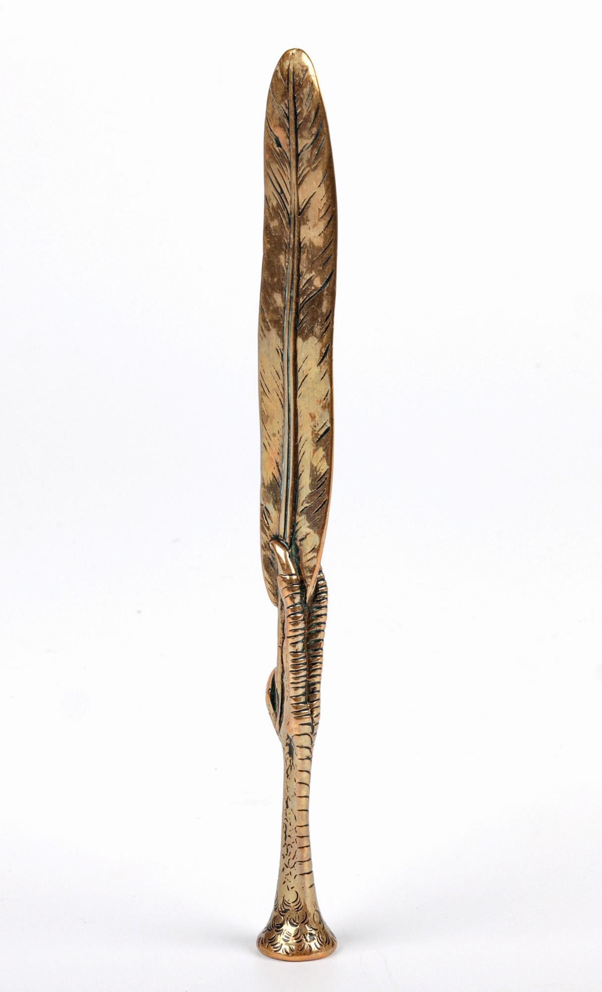 19th Century Victorian Brass Feather & Bird Claw Letter Opener & Desk Seal
