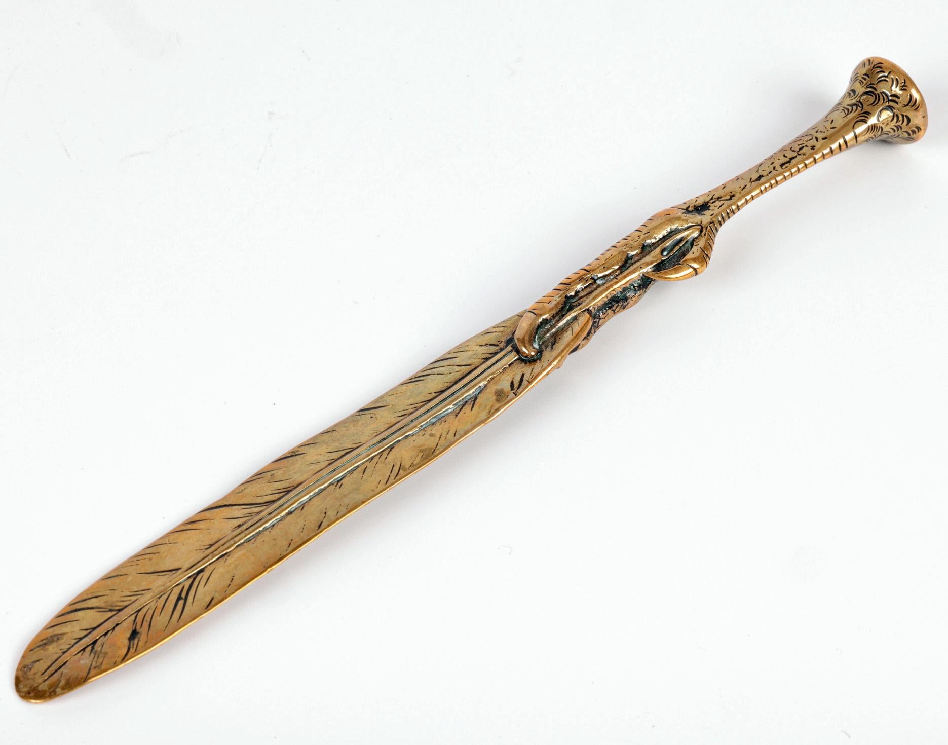 Victorian Brass Feather & Bird Claw Letter Opener & Desk Seal 1
