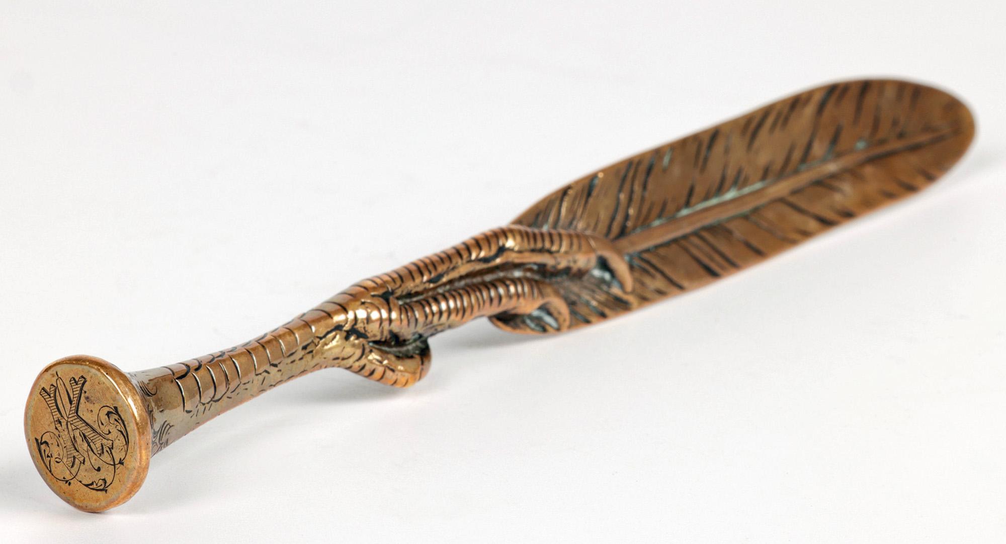 Victorian Brass Feather & Bird Claw Letter Opener & Desk Seal 3