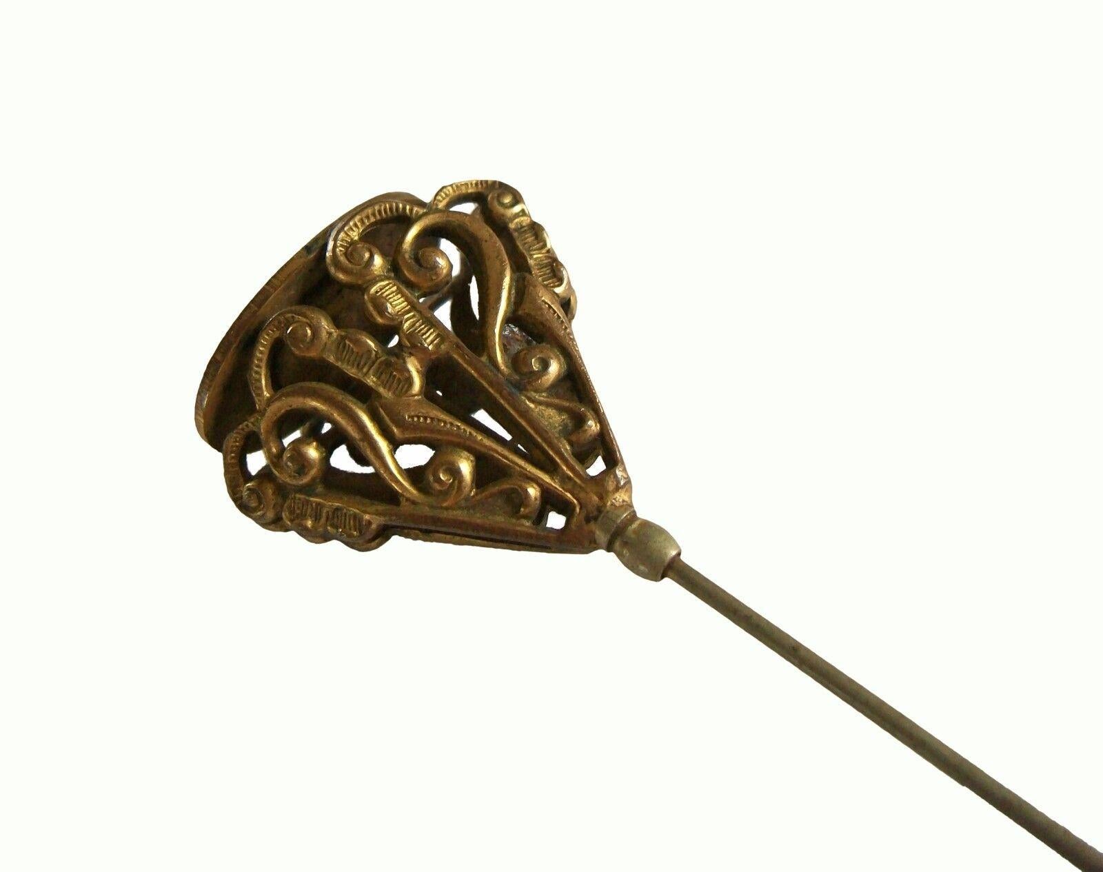 Victorian Brass Filigree Monogrammed Hat Pin - 'DGV' - U.K. - Late 19th Century In Good Condition For Sale In Chatham, CA