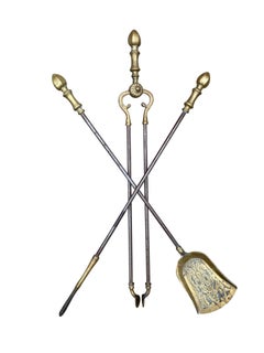 Victorian Brass Fire Dogs and Fire Tool Set