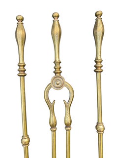 Victorian Brass Fire Tool Set with Floral Engraving, 19th Century