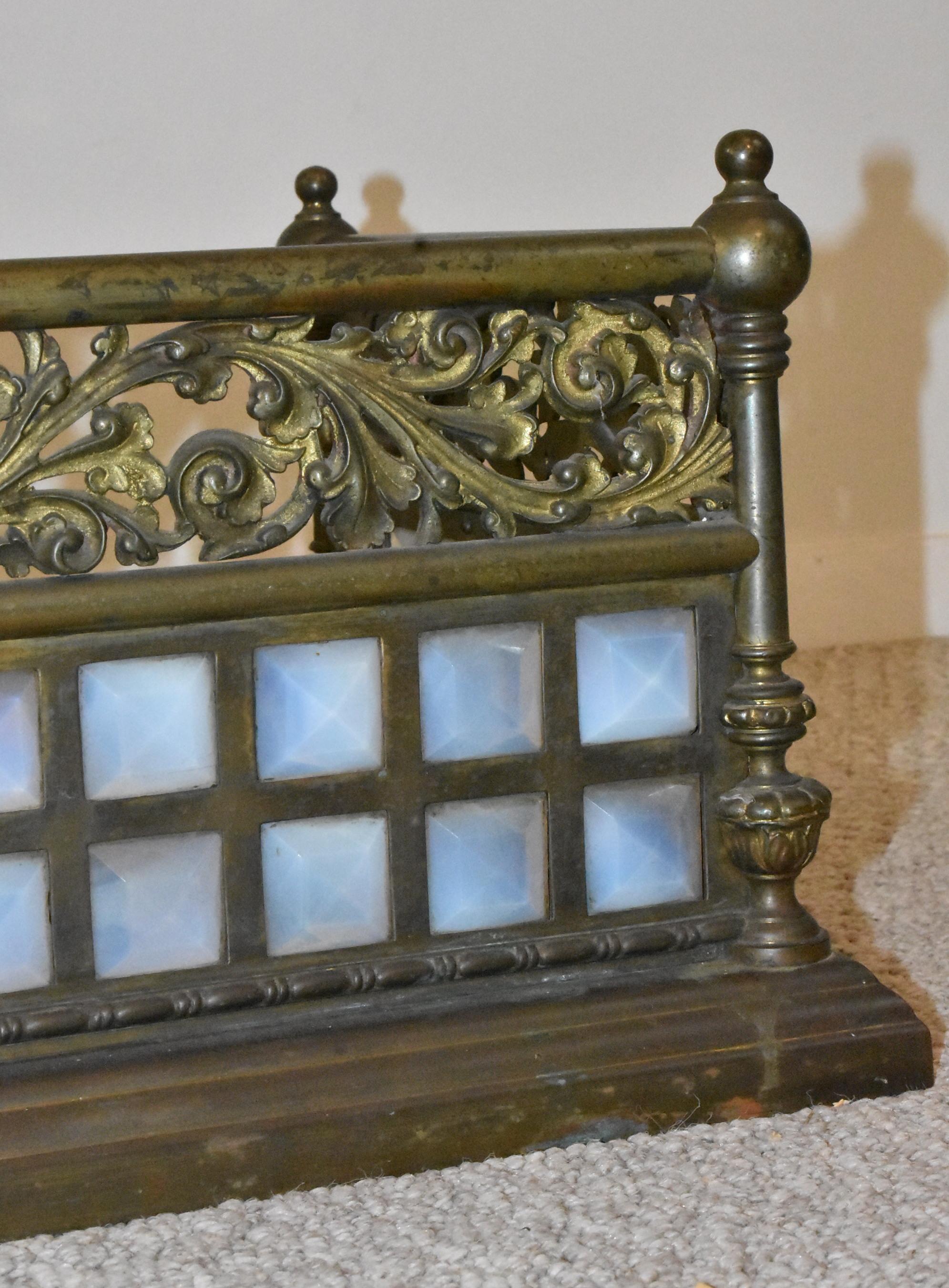 19th Century Victorian Brass Fireplace Fender with Opalescent Jewels For Sale