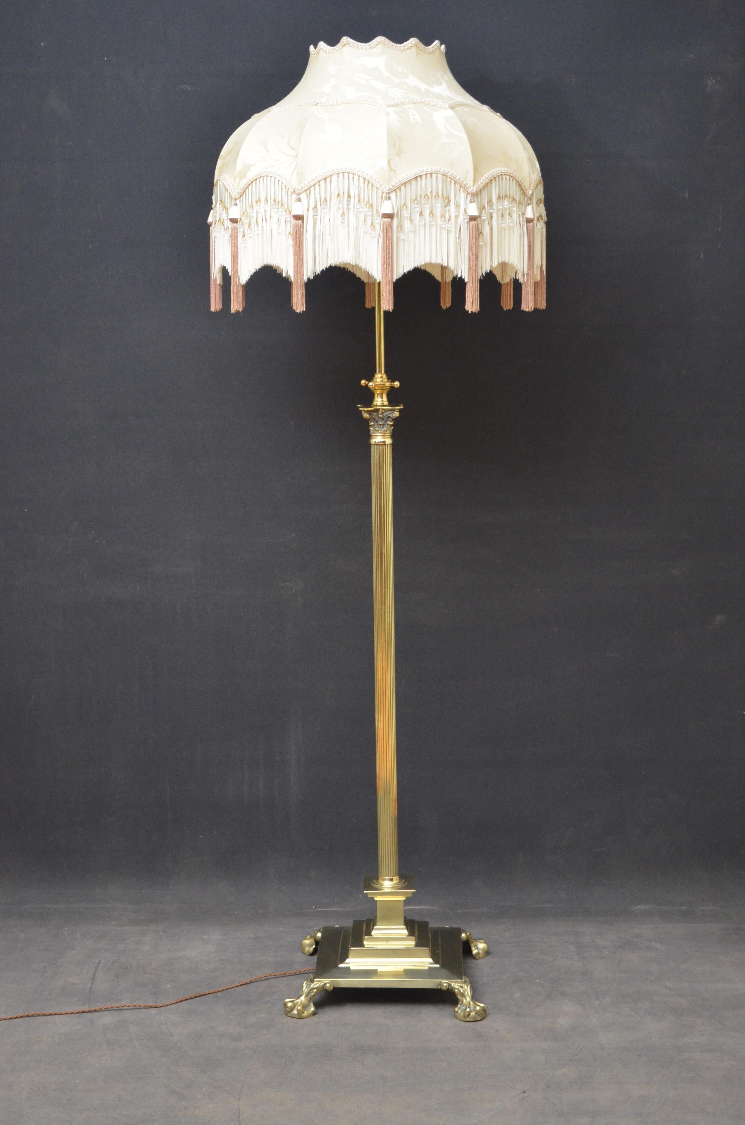 K0404 Stylish Victorian brass floor lamp with Corinthian column and stepped base terminating in paw feet. PAT tested and ready to use at home. This lamp is not height adjustable. Lampshade not included but it is available and can be purchased ,