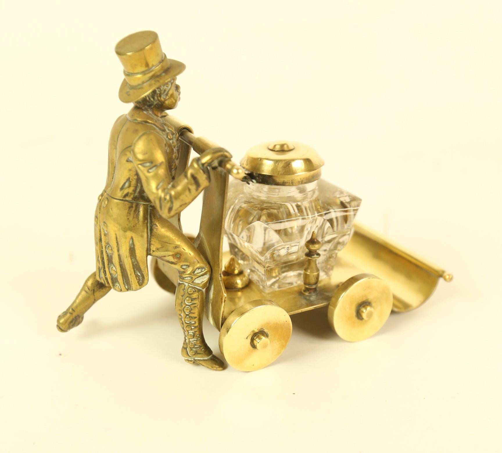 Unknown Victorian Brass ink stand  in the form of a  Gentleman Pushing a cart For Sale