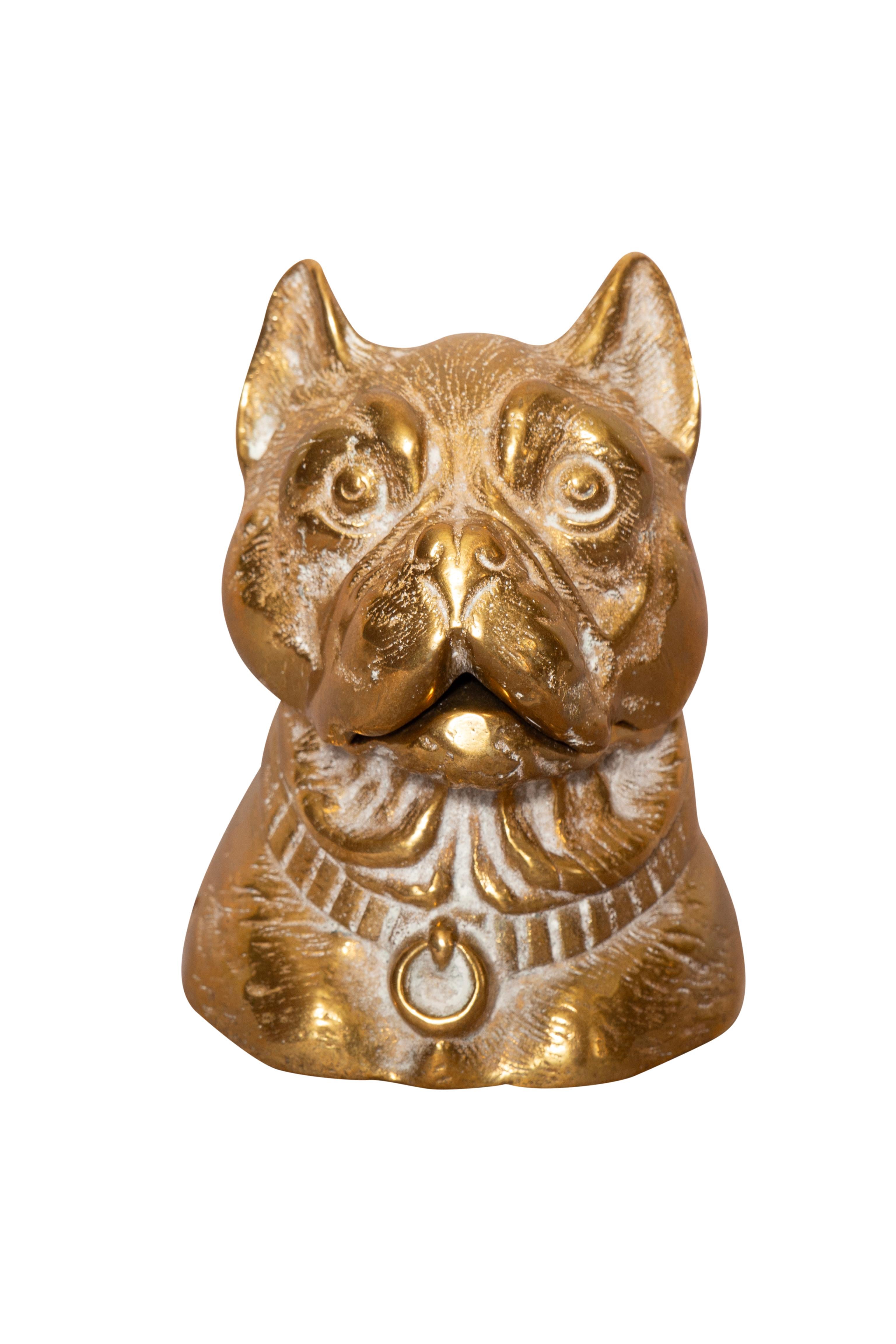 English Victorian Brass Inkwell In The Form Of A Terrier For Sale