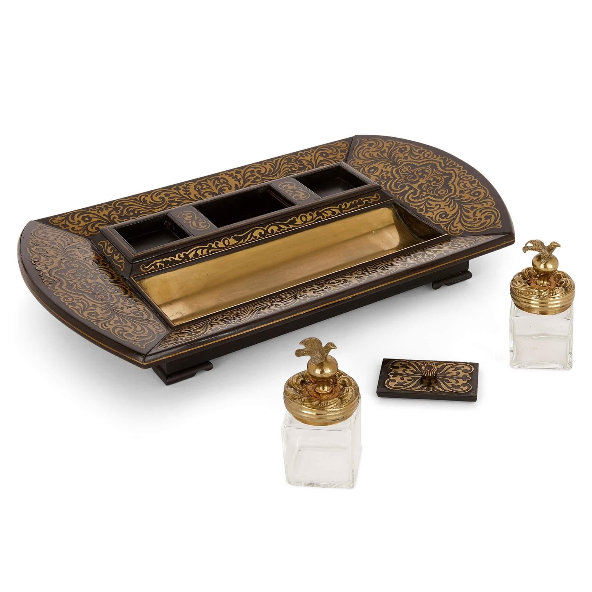 English Victorian Brass Inlaid Ebonised Wood Boulle Inkstand For Sale