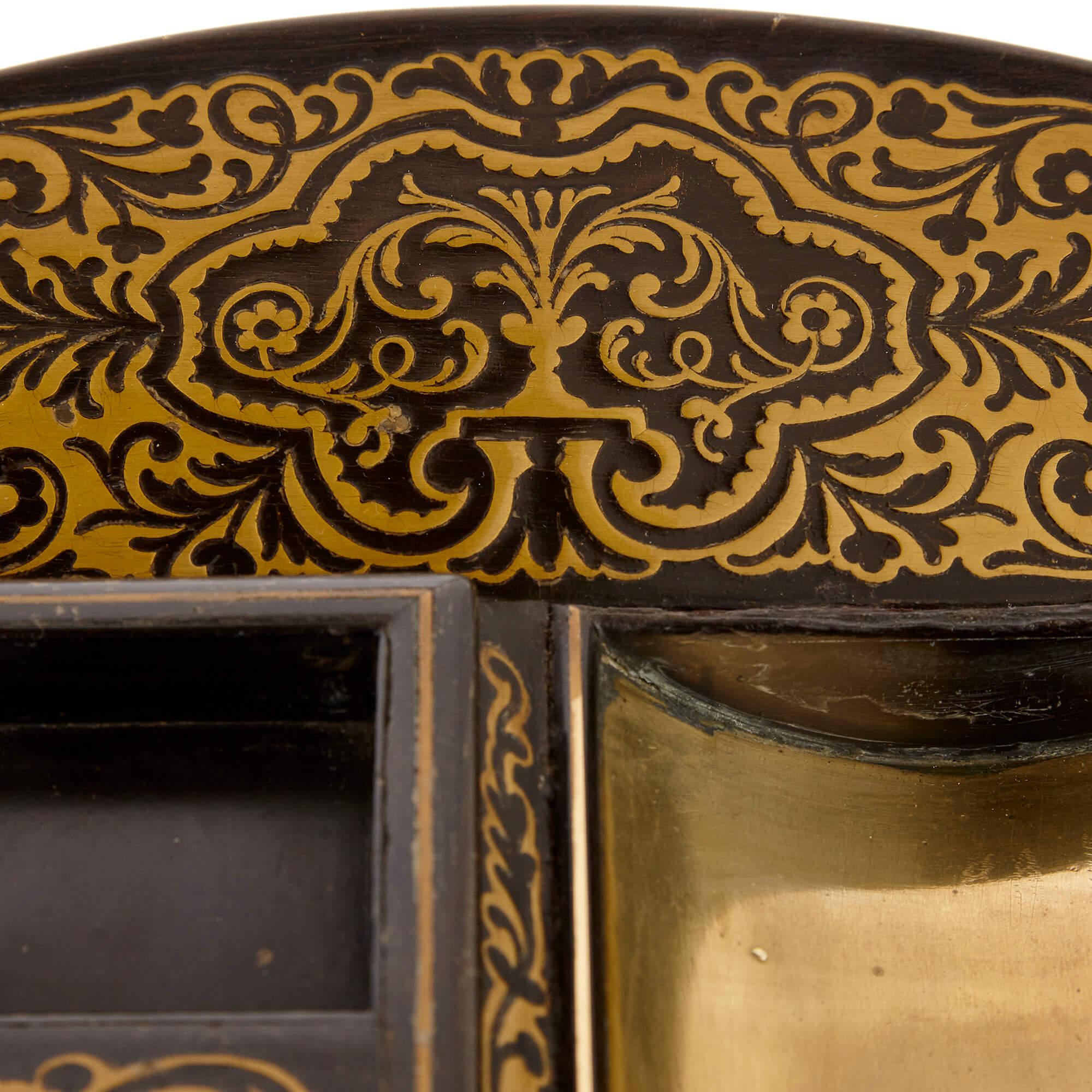 19th Century Victorian Brass Inlaid Ebonised Wood Boulle Inkstand For Sale