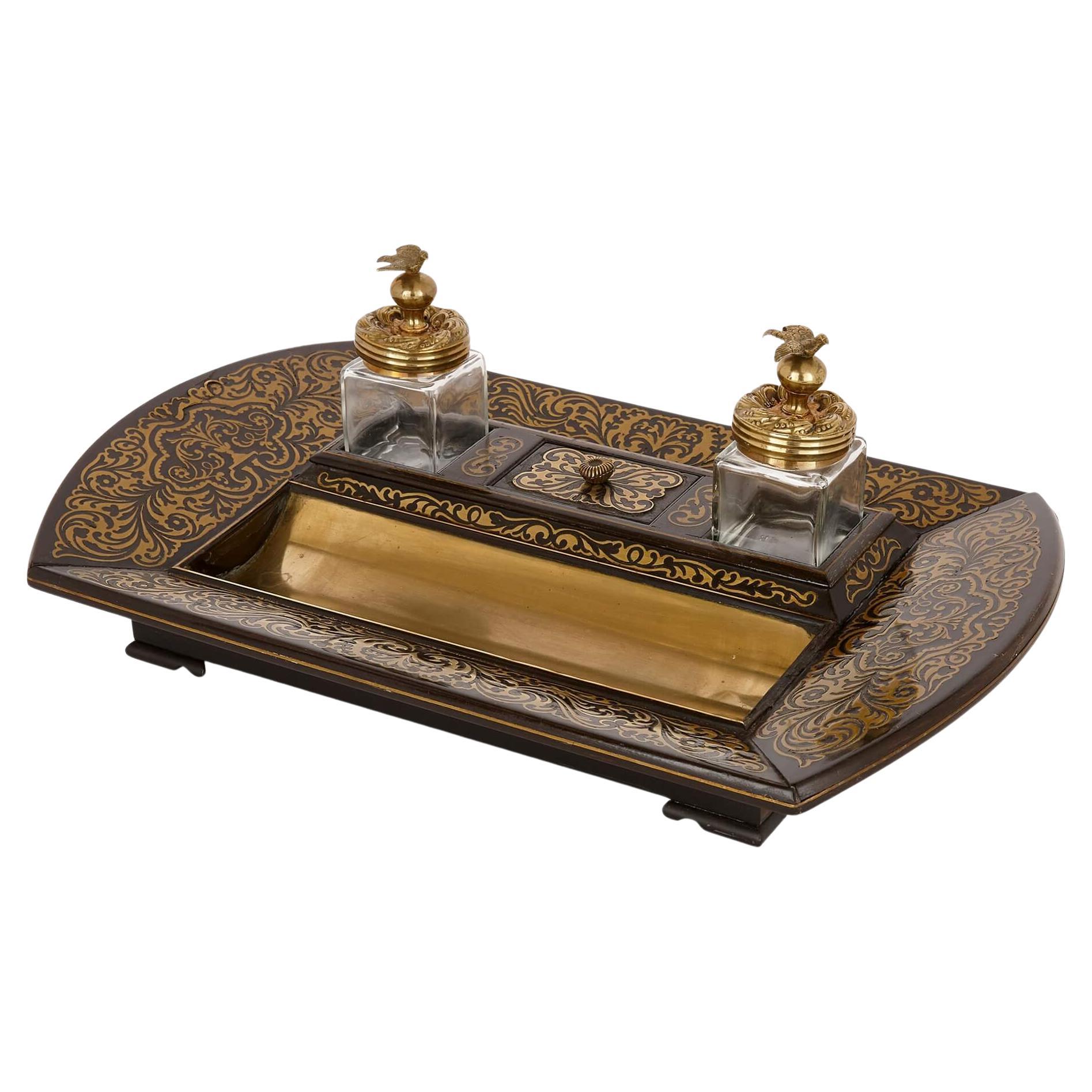 Victorian Brass Inlaid Ebonised Wood Boulle Inkstand For Sale