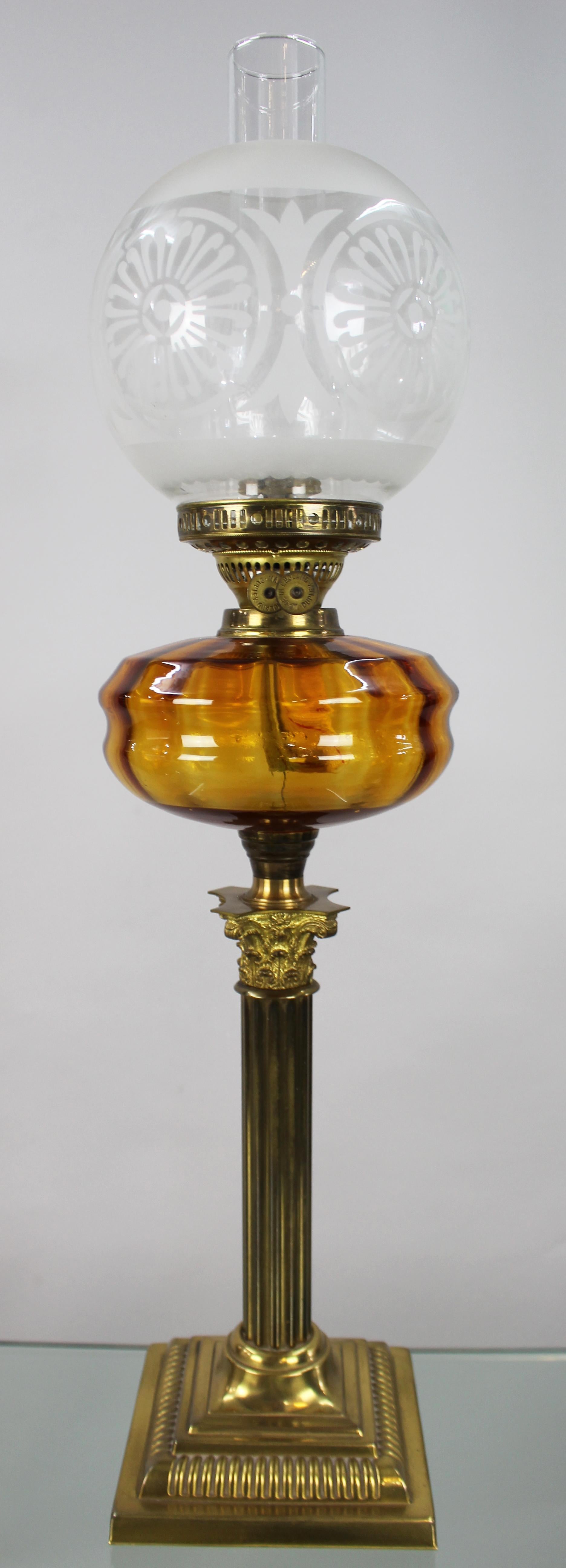 British Victorian Brass Oil Lamp with Amber Font For Sale