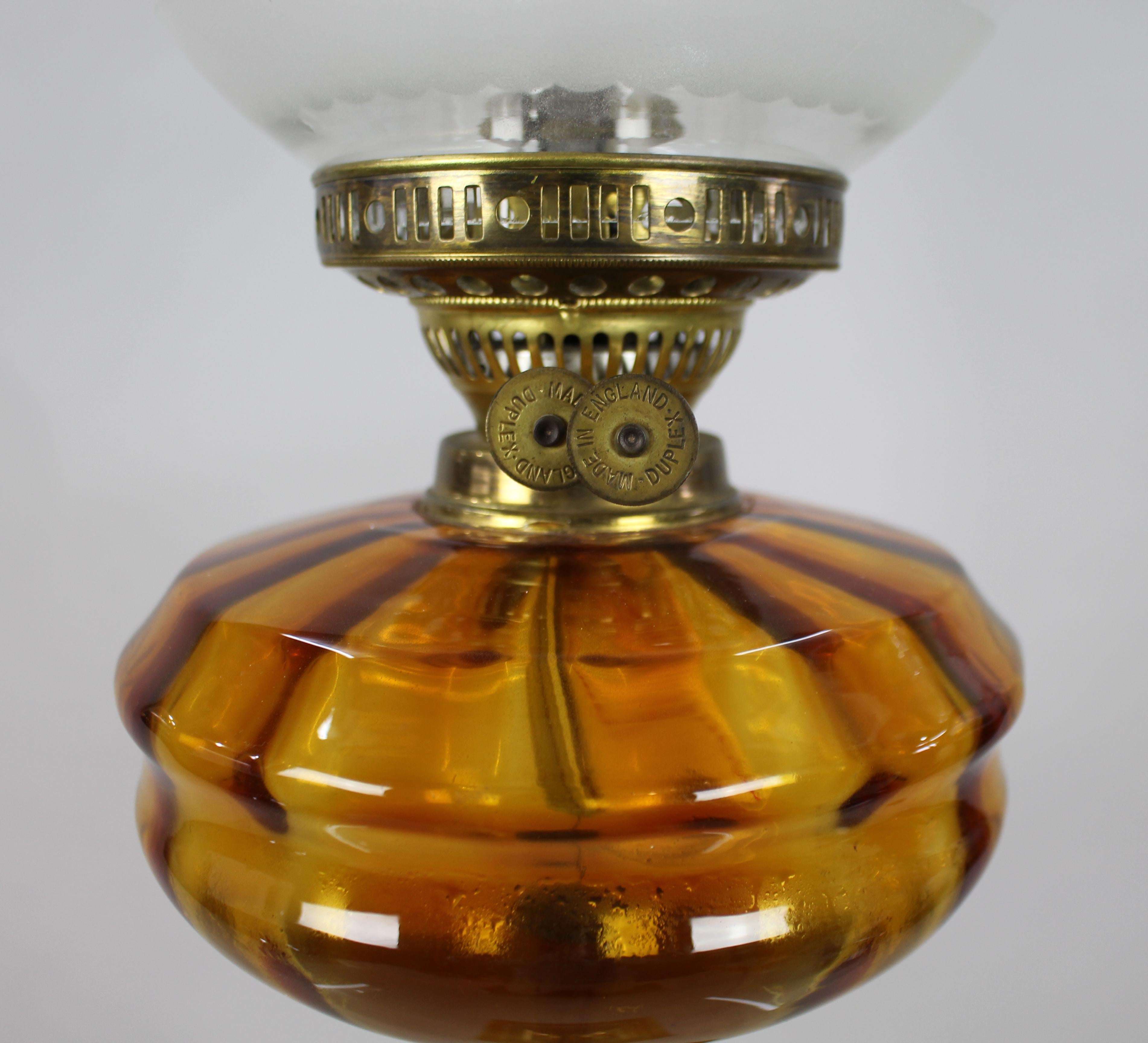 Glass Victorian Brass Oil Lamp with Amber Font For Sale