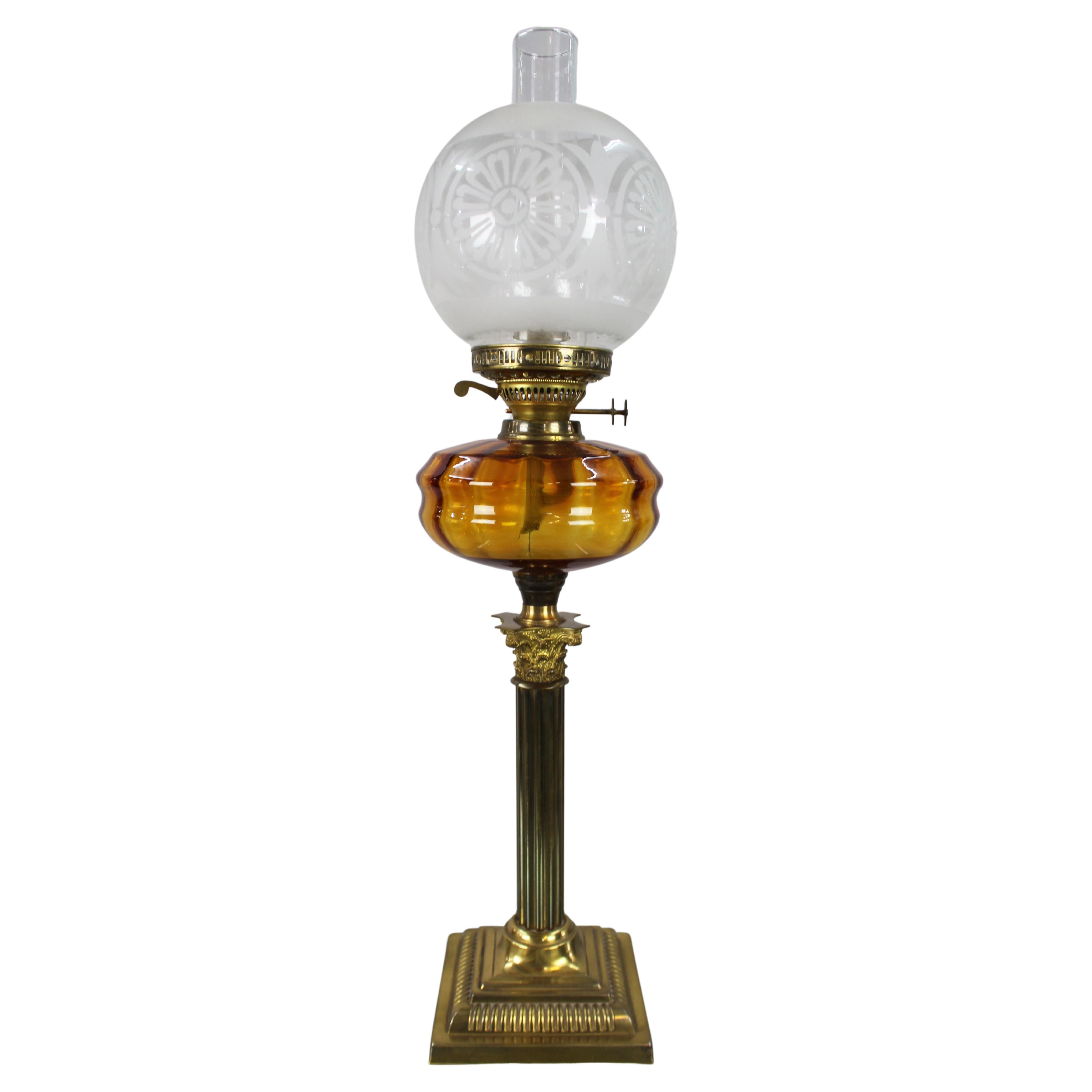 Victorian Brass Oil Lamp with Amber Font For Sale