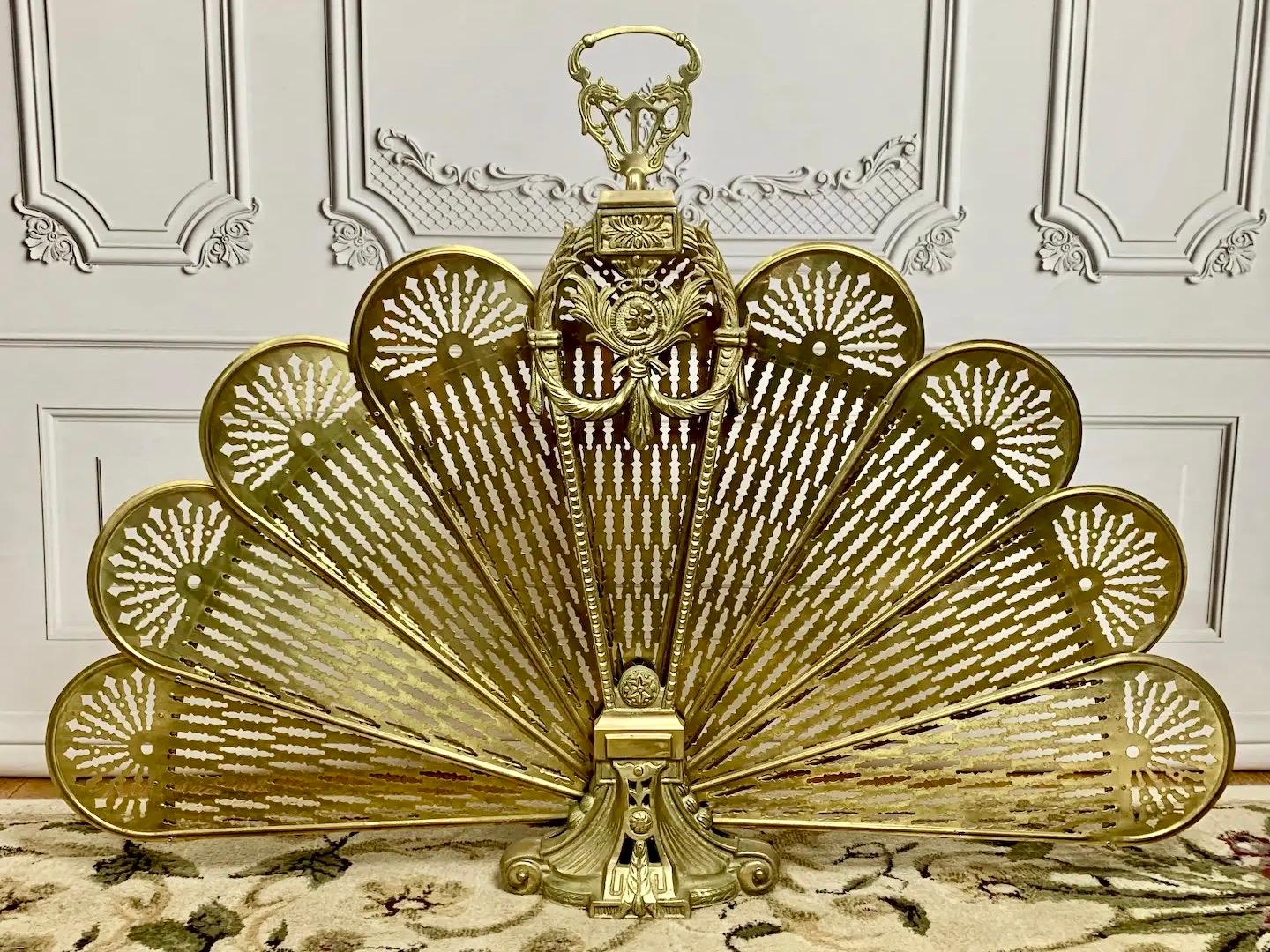 19th Century Victorian Brass Peacock Fireplace Screen