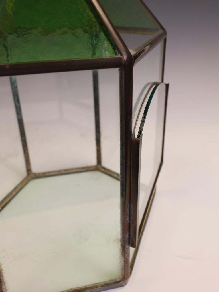 Victorian Brass & Stained Glass Hexagonal Terrarium / Display Case For Sale 6