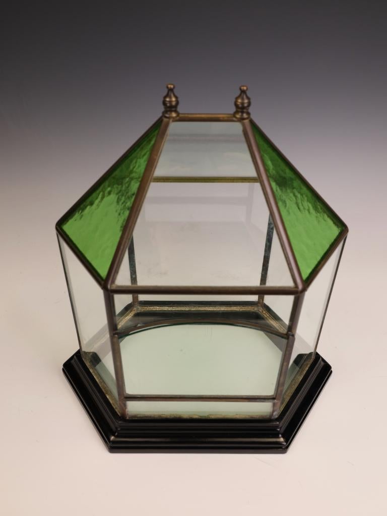 Victorian Brass & Stained Glass Hexagonal Terrarium / Display Case For Sale 7