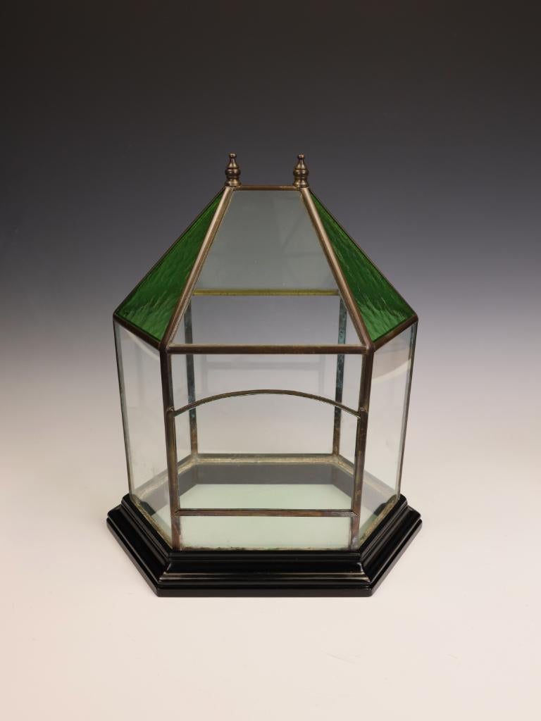 A Fine Victorian-Era Brass and Green Stained Glass Display Case
This elegant, hexagonal glass enclosure is a wonderful example of Victorian craftsmanship, likely serving as either a display case for cherished items or an early Wardian Case (a type