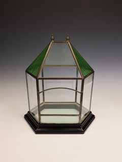 Victorian Brass & Stained Glass Hexagonal Terrarium / Display Case
