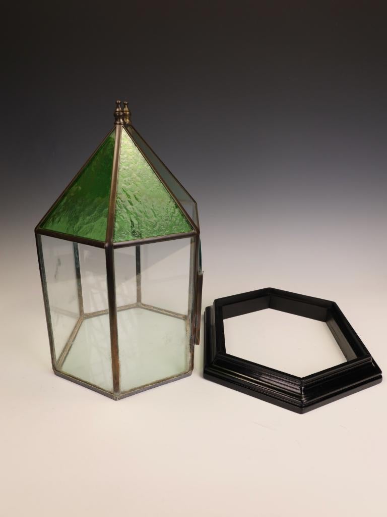 Victorian Brass & Stained Glass Hexagonal Terrarium / Display Case For Sale 1