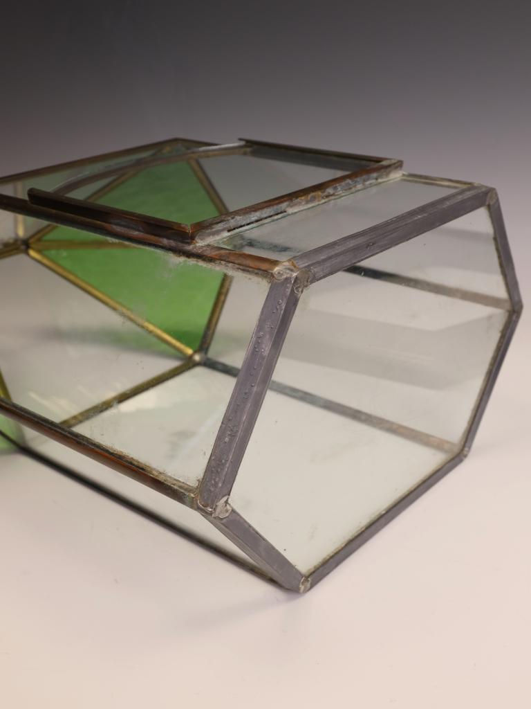 Victorian Brass & Stained Glass Hexagonal Terrarium / Display Case For Sale 4