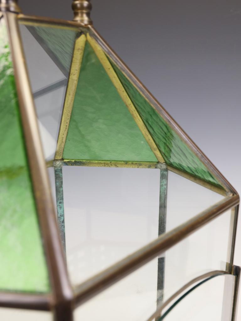 Victorian Brass & Stained Glass Hexagonal Terrarium / Display Case For Sale 5