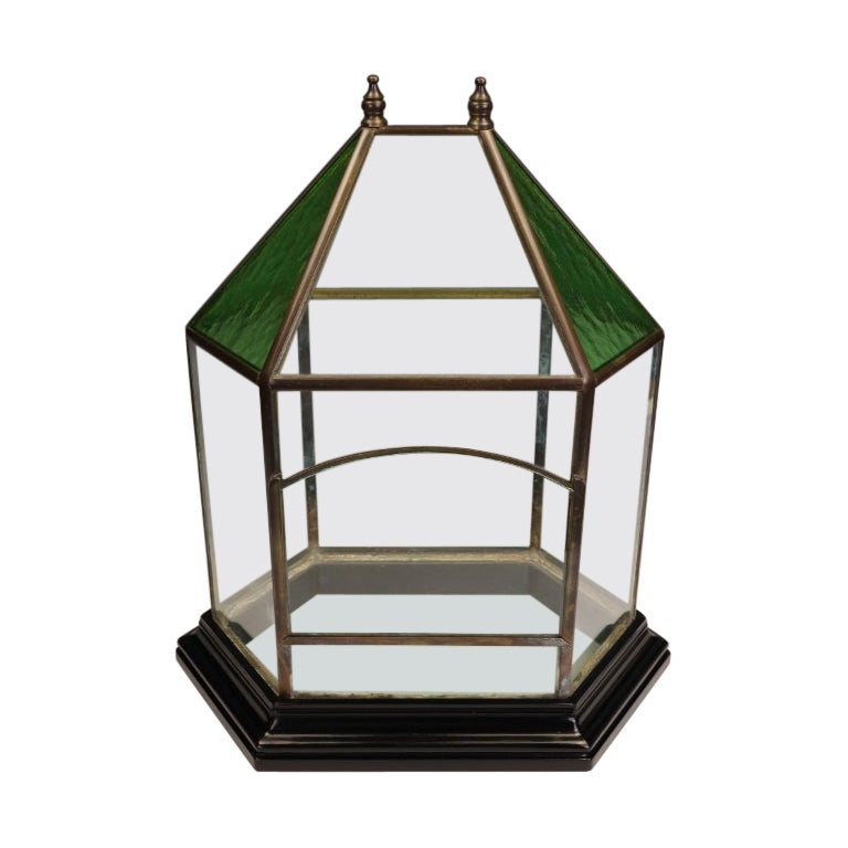 Victorian Brass 
Stained Glass Hexagonal Terrarium / Display Case For Sale