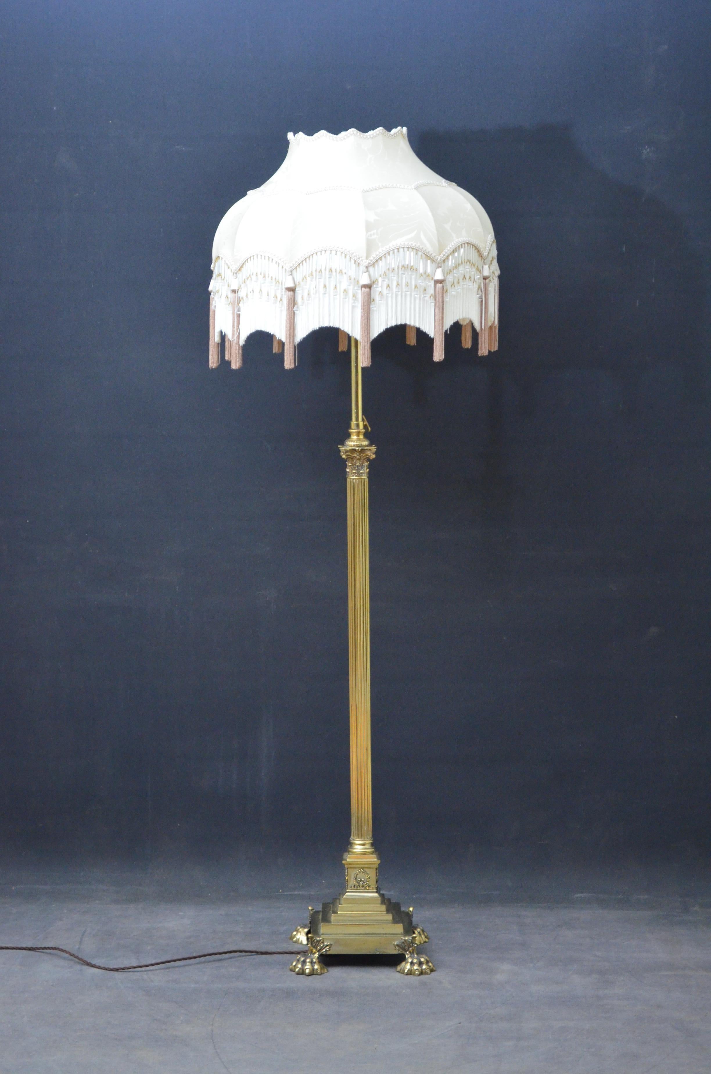 K0405 stylish Victorian brass telescopic floor lamp with elegant handmade lampshade, Corinthian column and stepped base terminating in paw feet. PAT tested and ready to use at home. Lampshade not included but it is available and can be purchased,