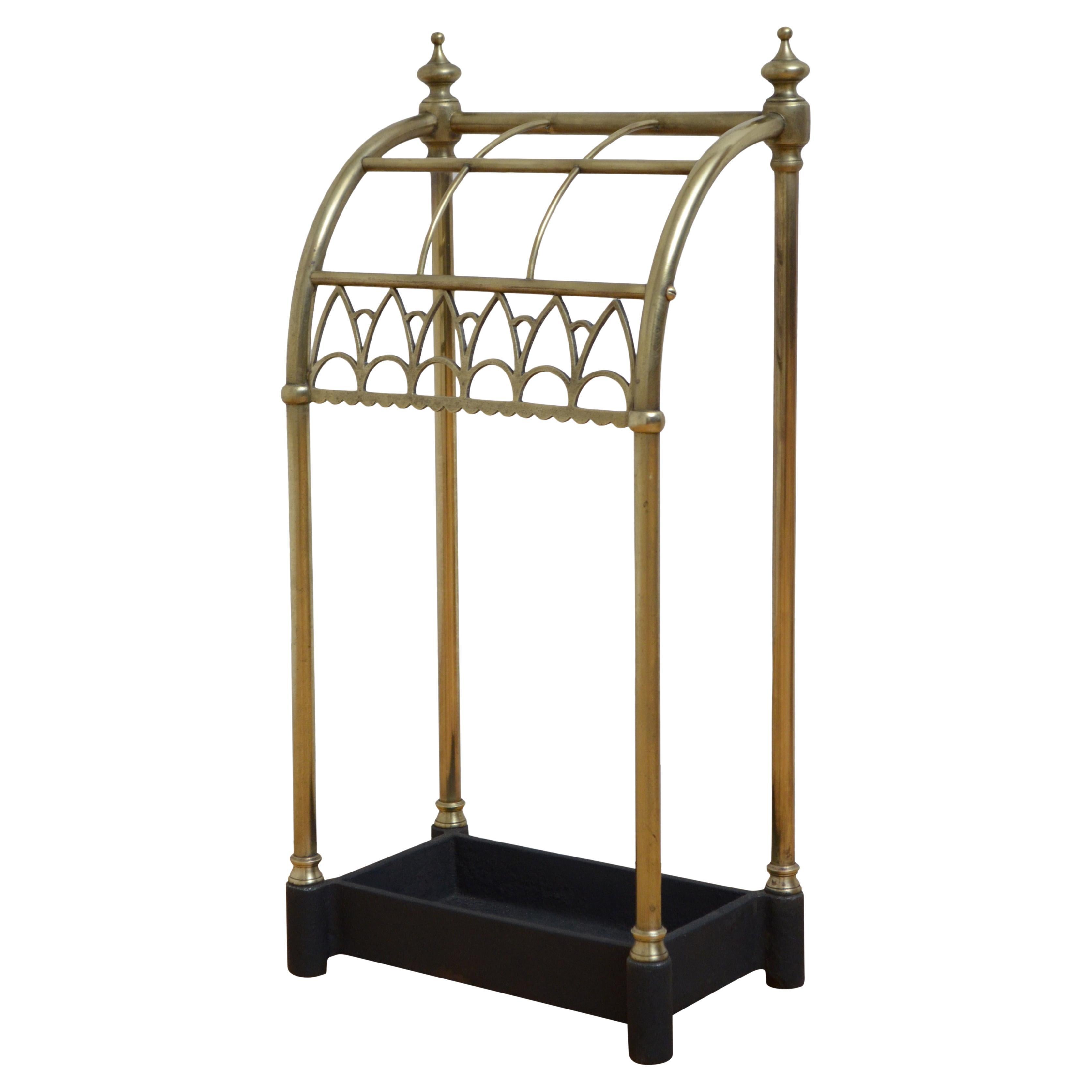 Victorian Brass Umbrella Stand, English Antique with Fretwork, c1870