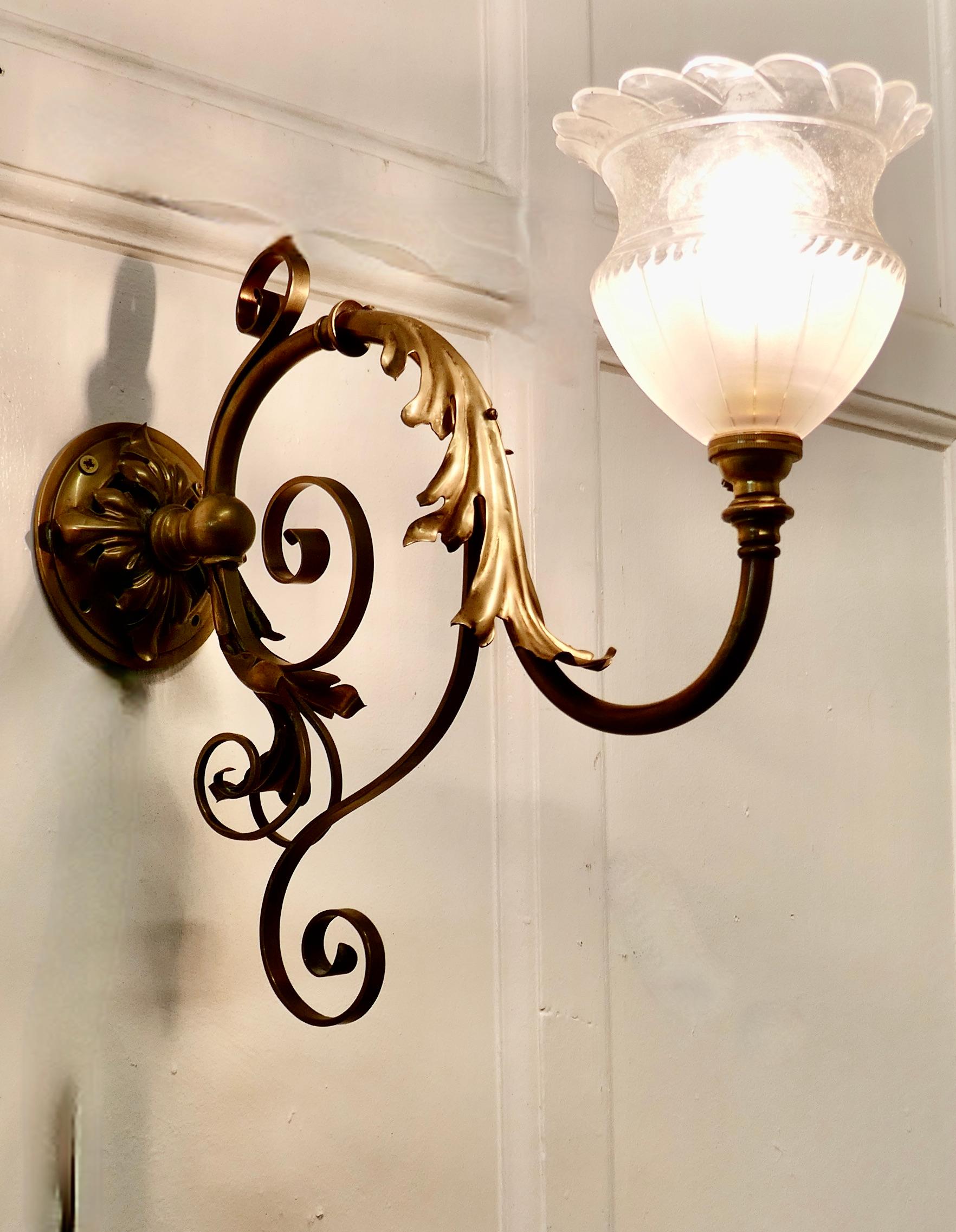 Victorian brass wall light with flower shade

The Light has a brass swan neck arm decorated with acanthus leaves, and a Flower design crystal shade
The Brass is darkened with age, the shade is original and not damaged
This piece is working, with