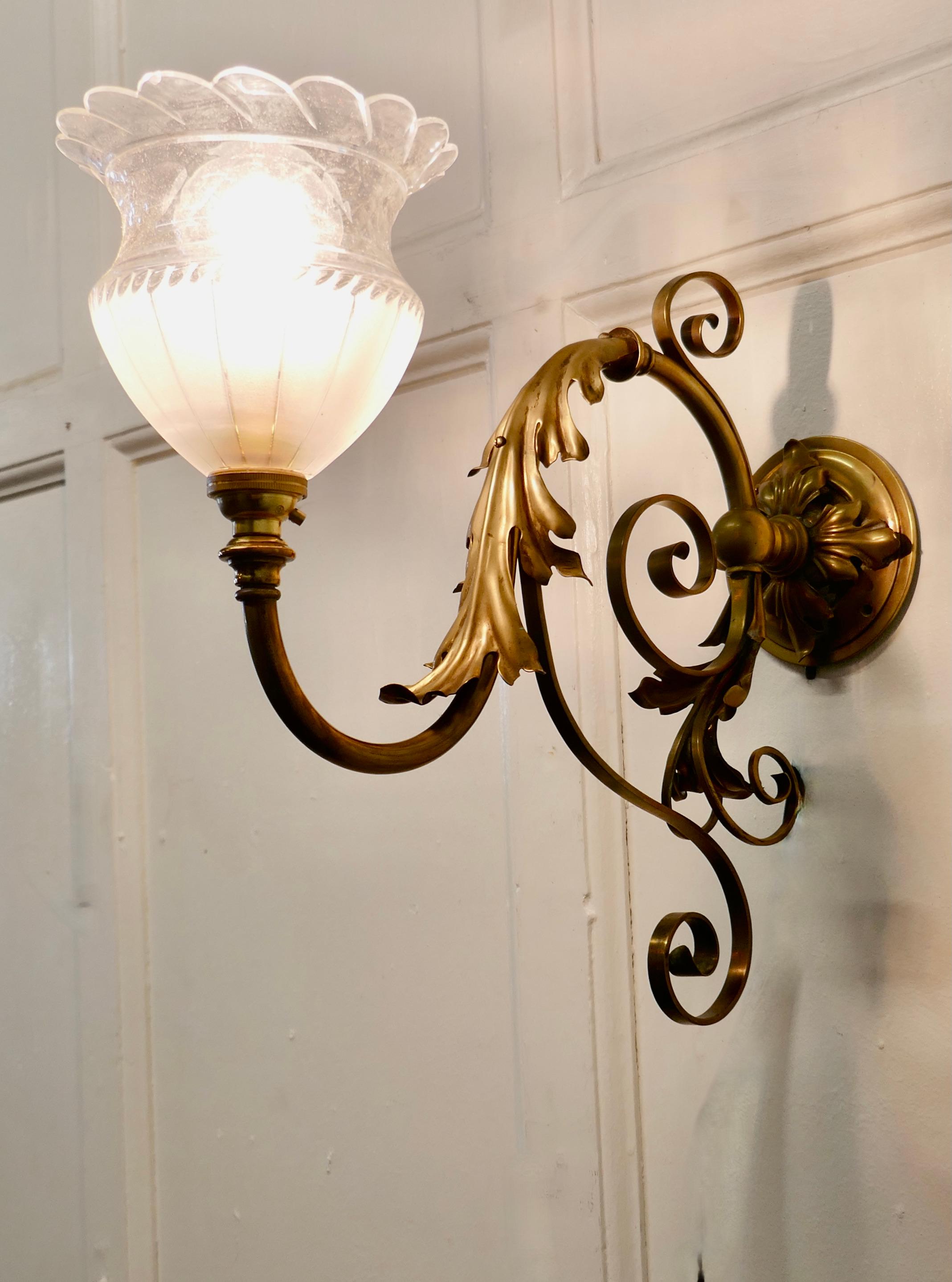 Art Nouveau Victorian Brass Wall Light with Flower Shade