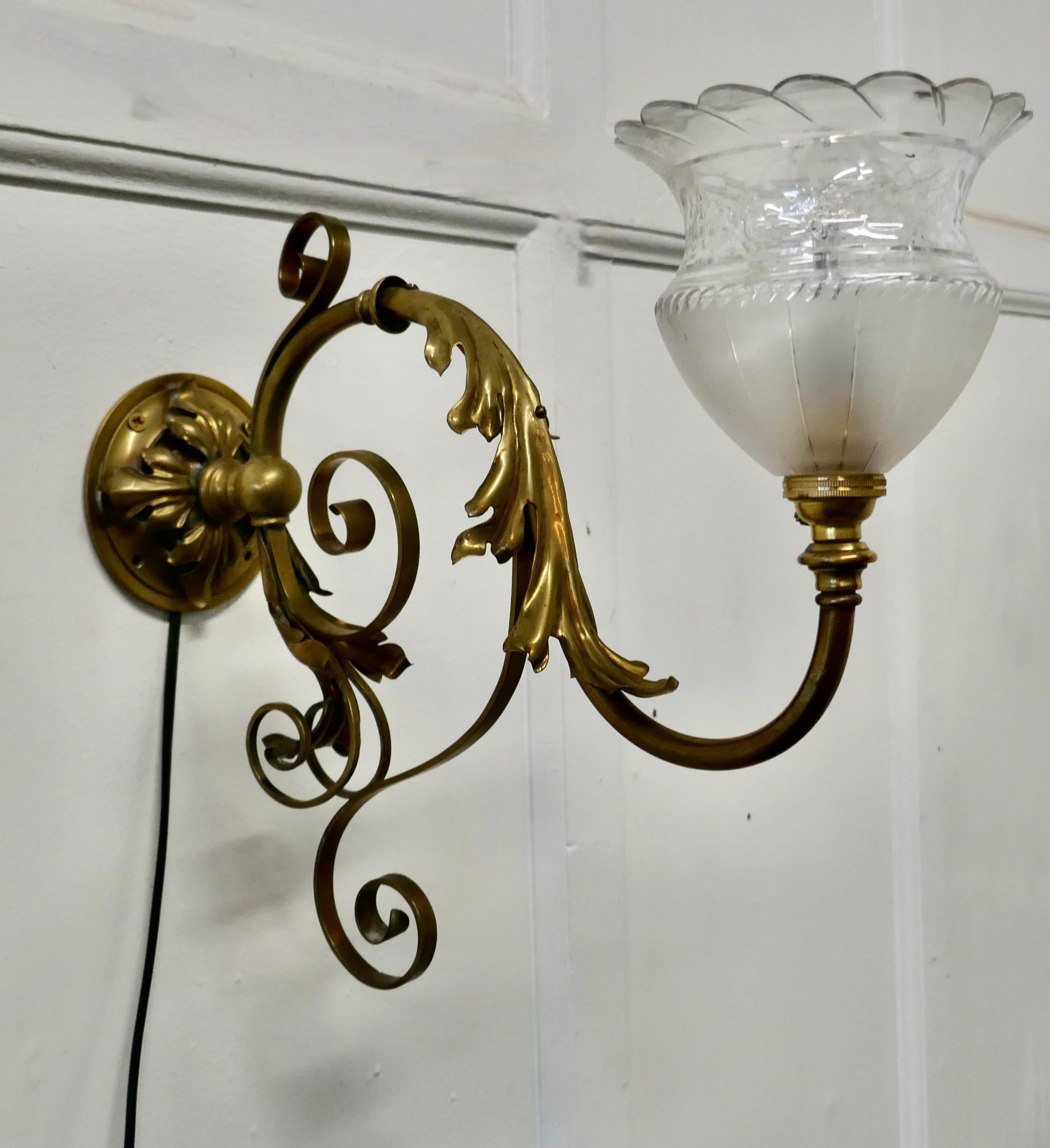 19th Century Victorian Brass Wall Light with Flower Shade