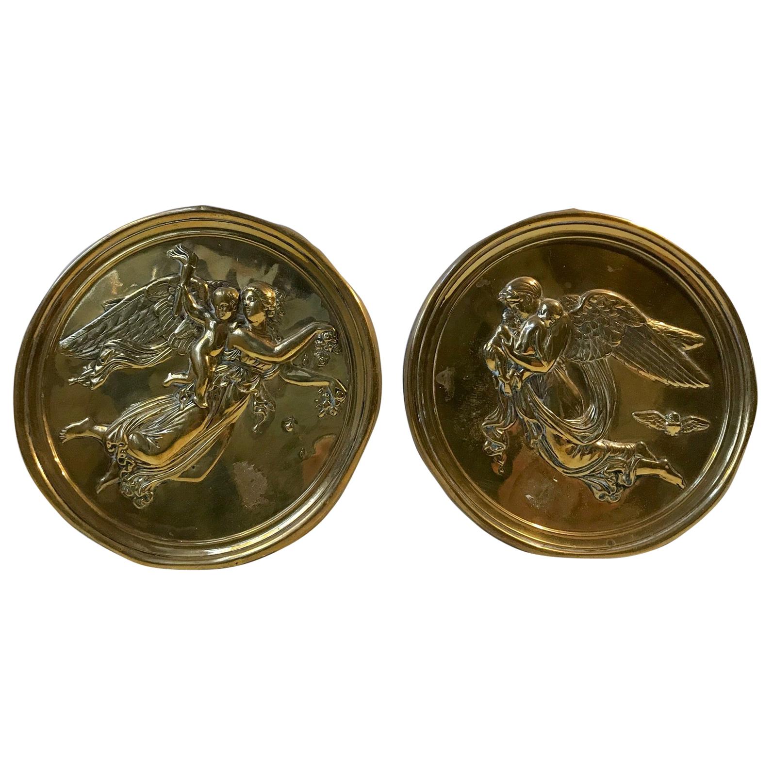 Victorian Brass Wall Plaques with Woman and Angles, 19th Century, England For Sale