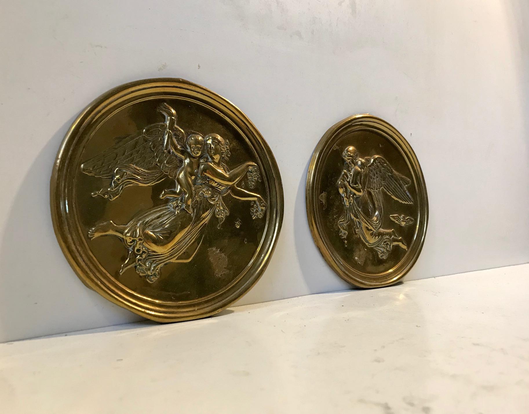 Decorative and detailed wall plaques in tin brass (very thin brass). Made in England, circa 1870-1890. Great for vanity areas, corridors etc.