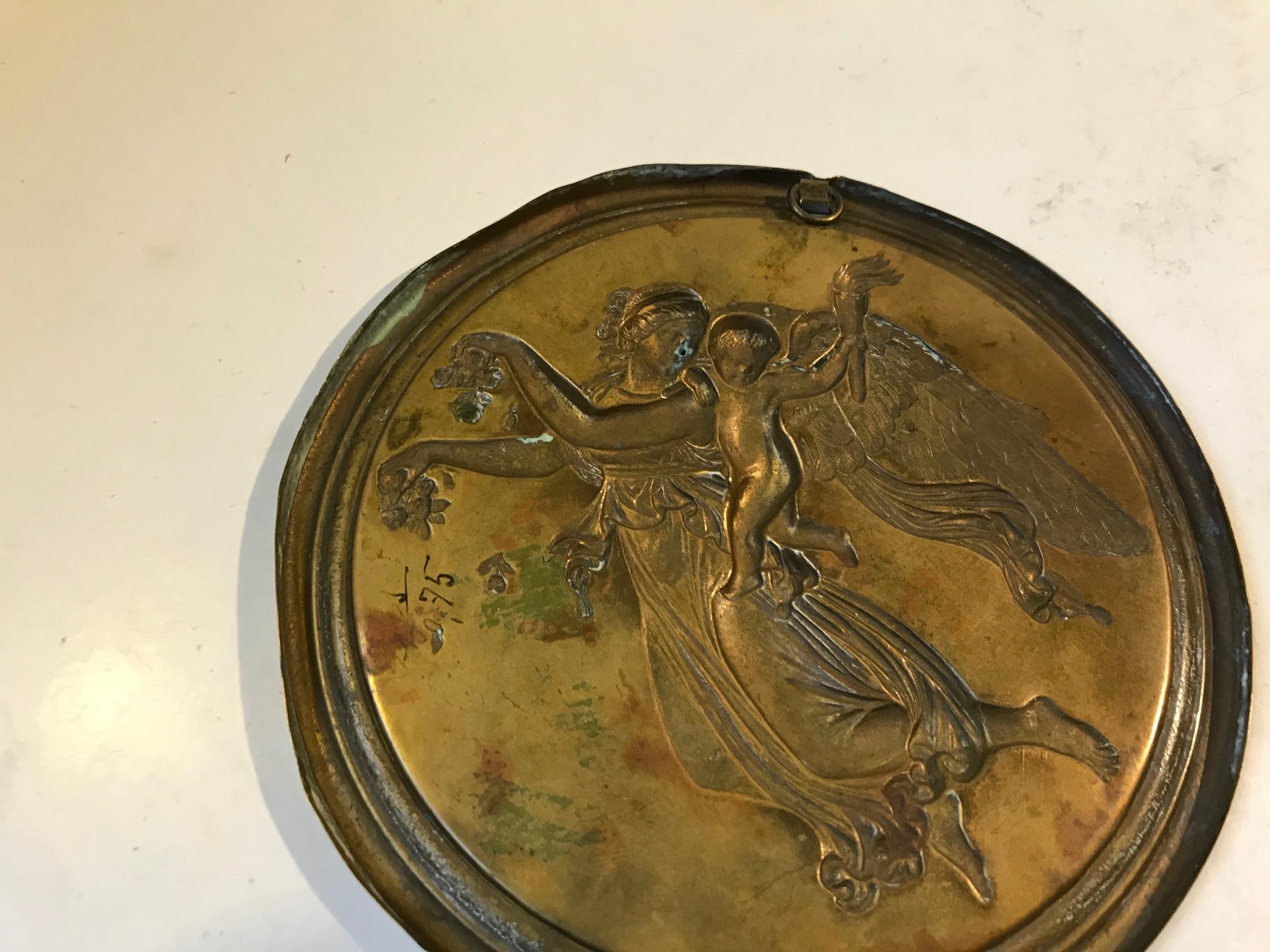 Victorian Brass Wall Plaques with Woman and Angles, 19th Century, England For Sale 1