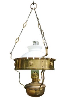 Victorian Brass With Circular Milk Glass Pendant Hanging Oil Lamp