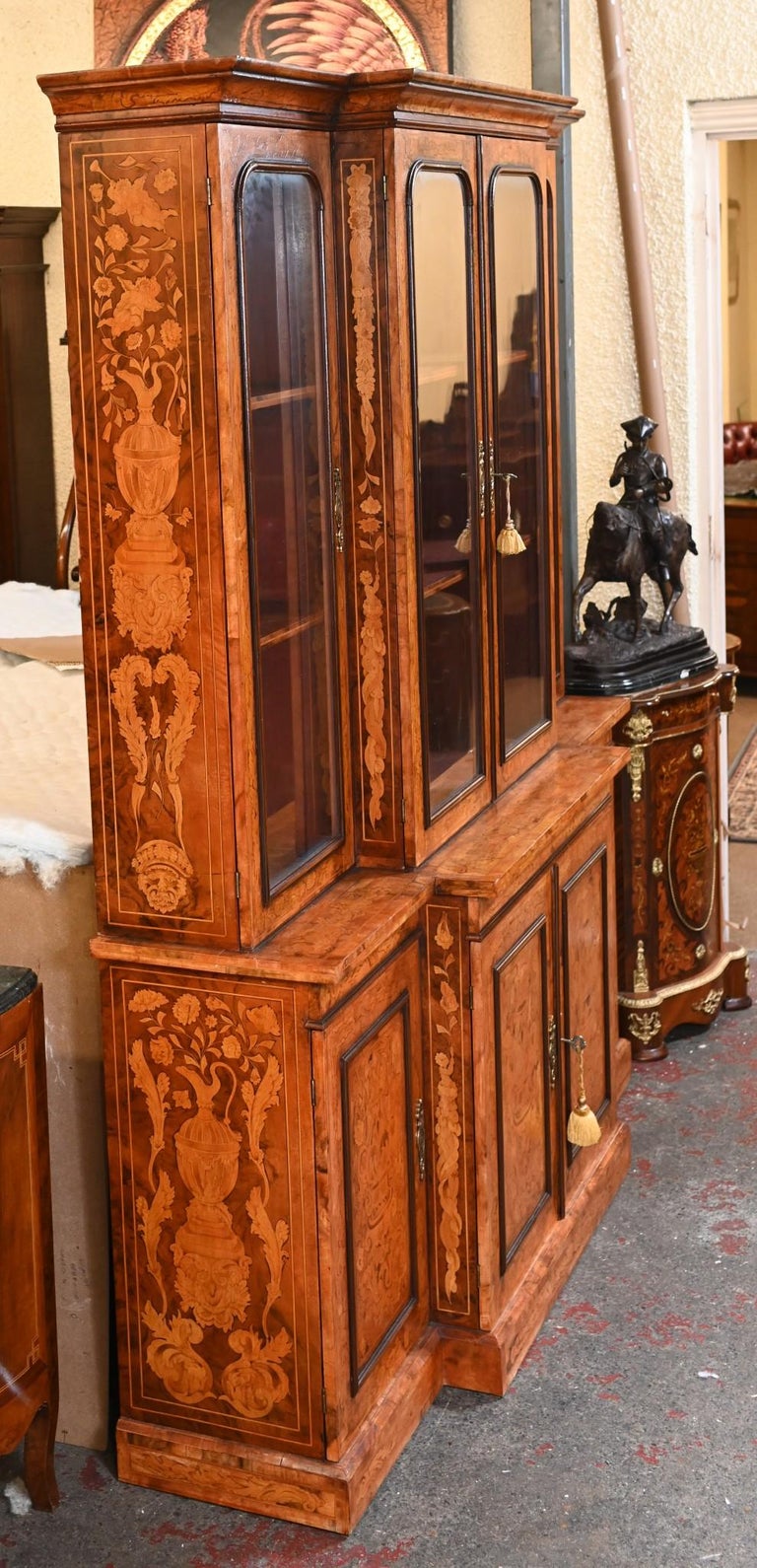 Victorian Breakfront Bookcase Wanut Marquetry Inlay For Sale at 1stDibs