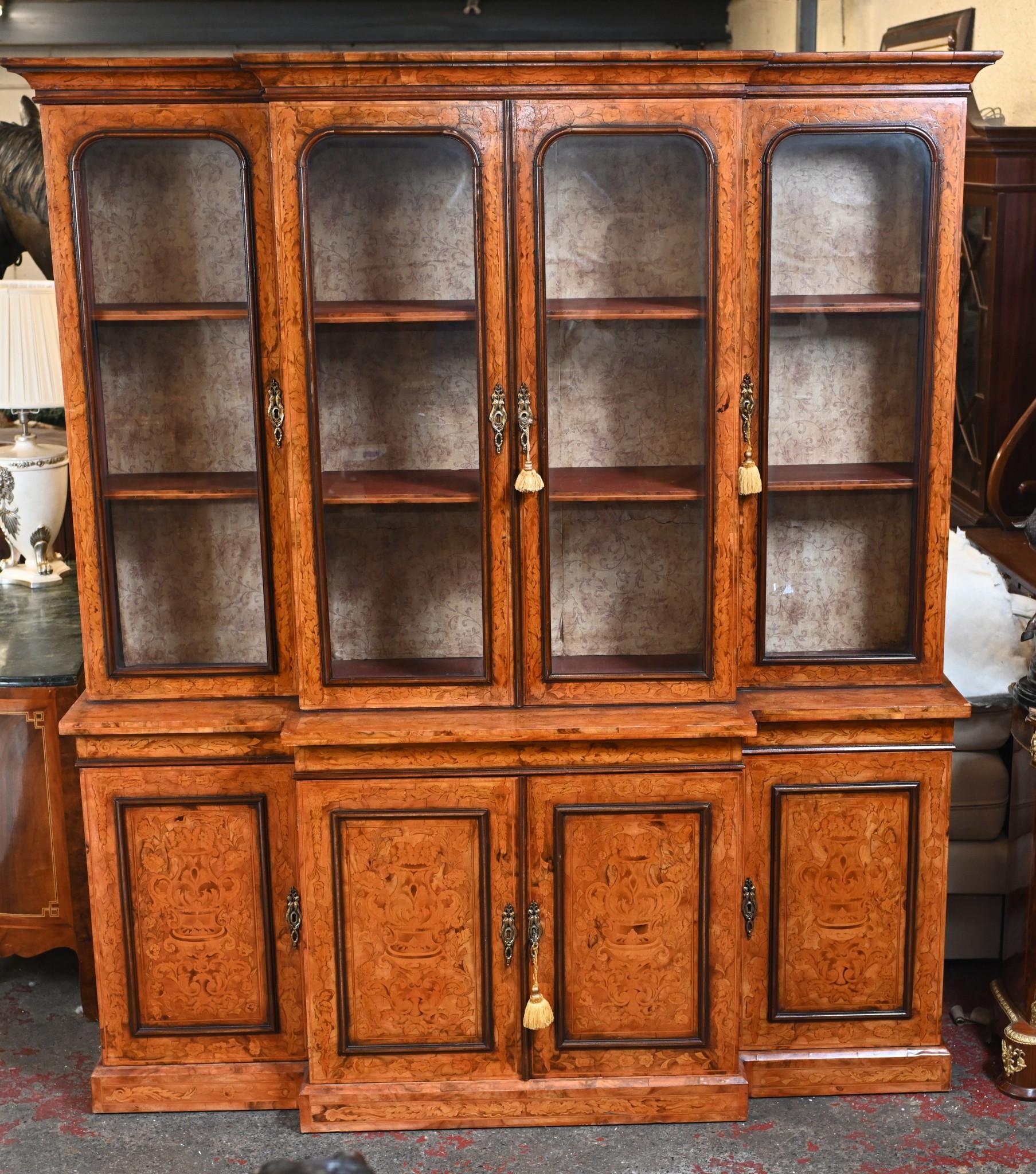 Walnut Victorian Breakfront Bookcase Wanut Marquetry Inlay For Sale