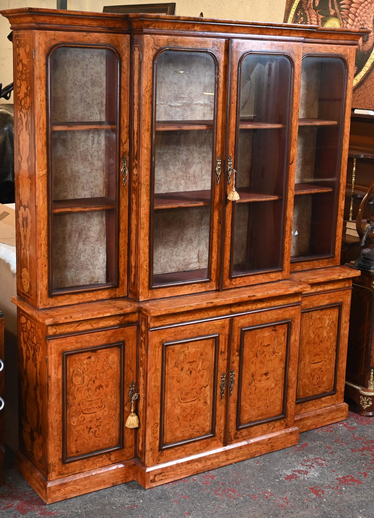 Victorian Breakfront Bookcase Wanut Marquetry Inlay For Sale 2