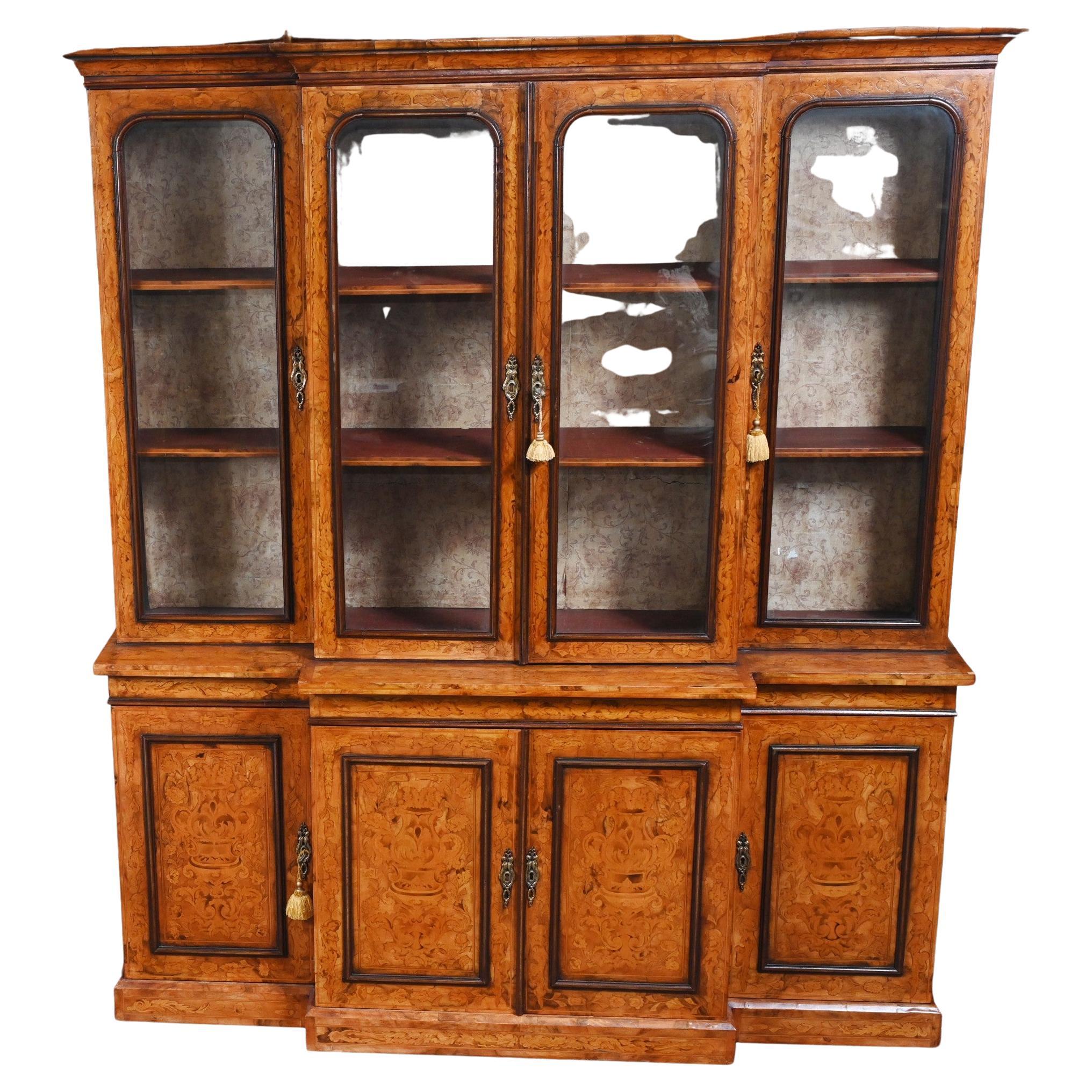Victorian Breakfront Bookcase Wanut Marquetry Inlay For Sale