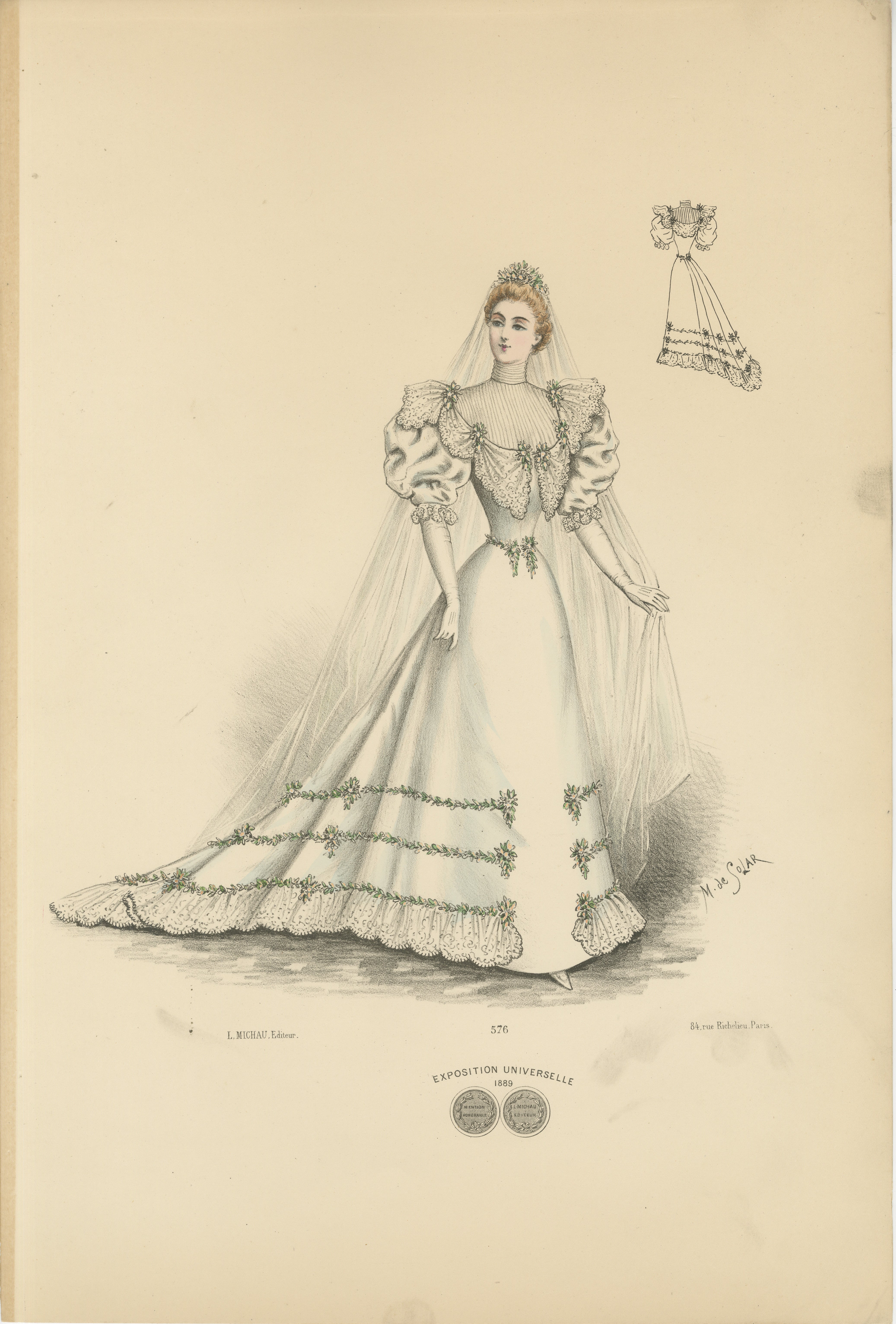 This lithograph portrays a bride in a magnificent wedding gown from 1889, exemplifying the opulent and romantic style of the late Victorian era. The gown is crafted from a luxurious white fabric, adorned with intricate lace and delicate floral