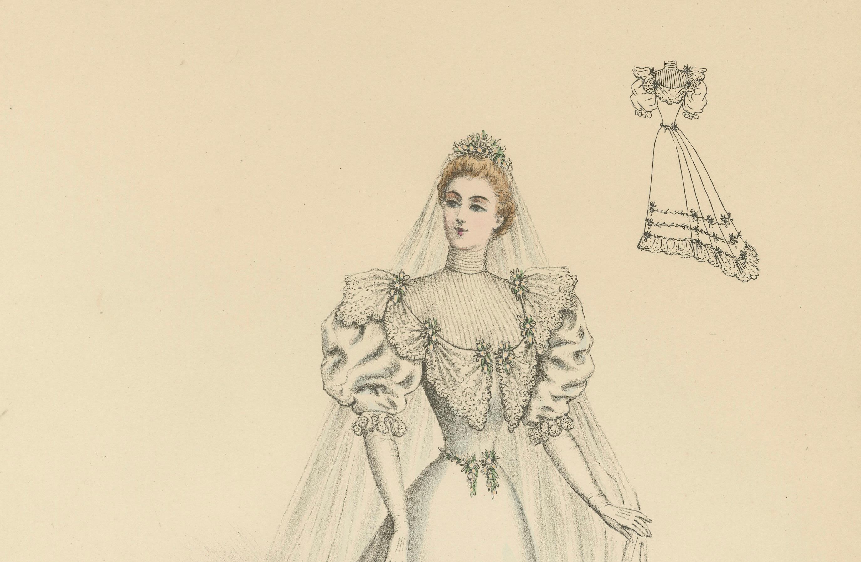 Victorian Bridal Elegance: Exquisite Wedding Gowns in Lithograph, 1889 In Good Condition For Sale In Langweer, NL