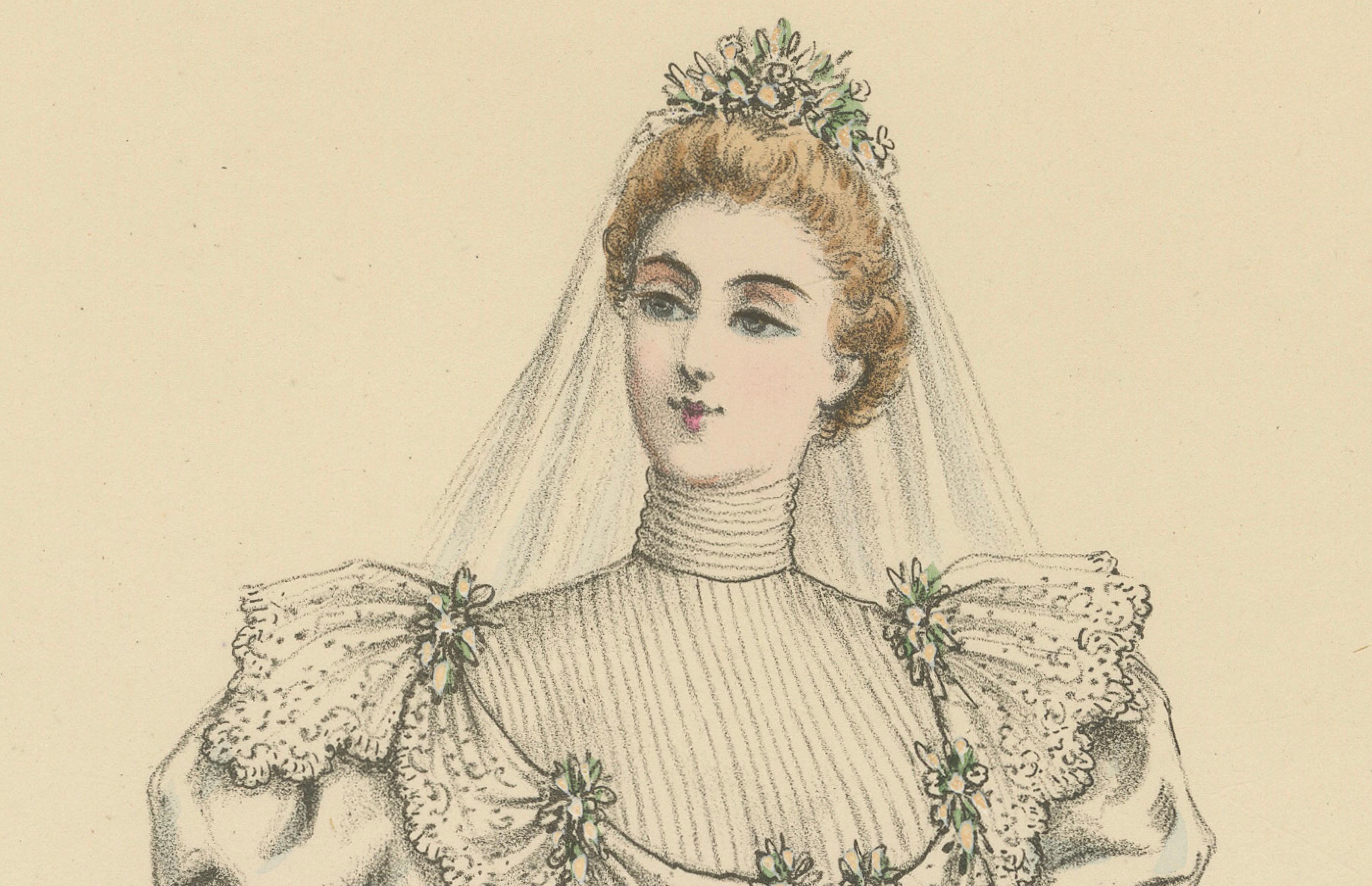 Late 19th Century Victorian Bridal Elegance: Exquisite Wedding Gowns in Lithograph, 1889 For Sale